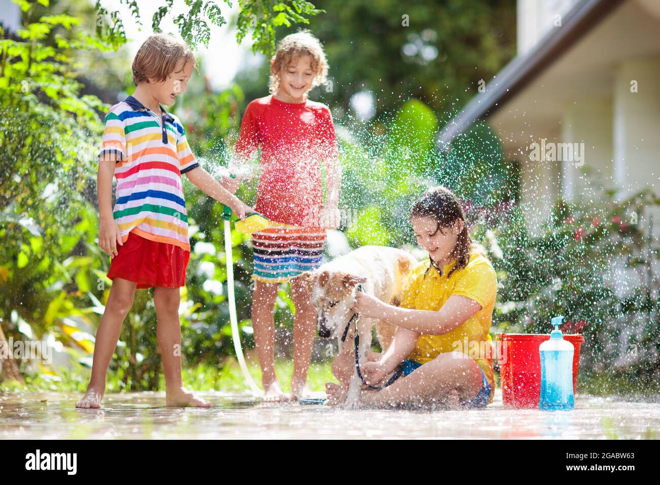 Kids wash dog in summer garden. Water hose and sprinkler fun for kid