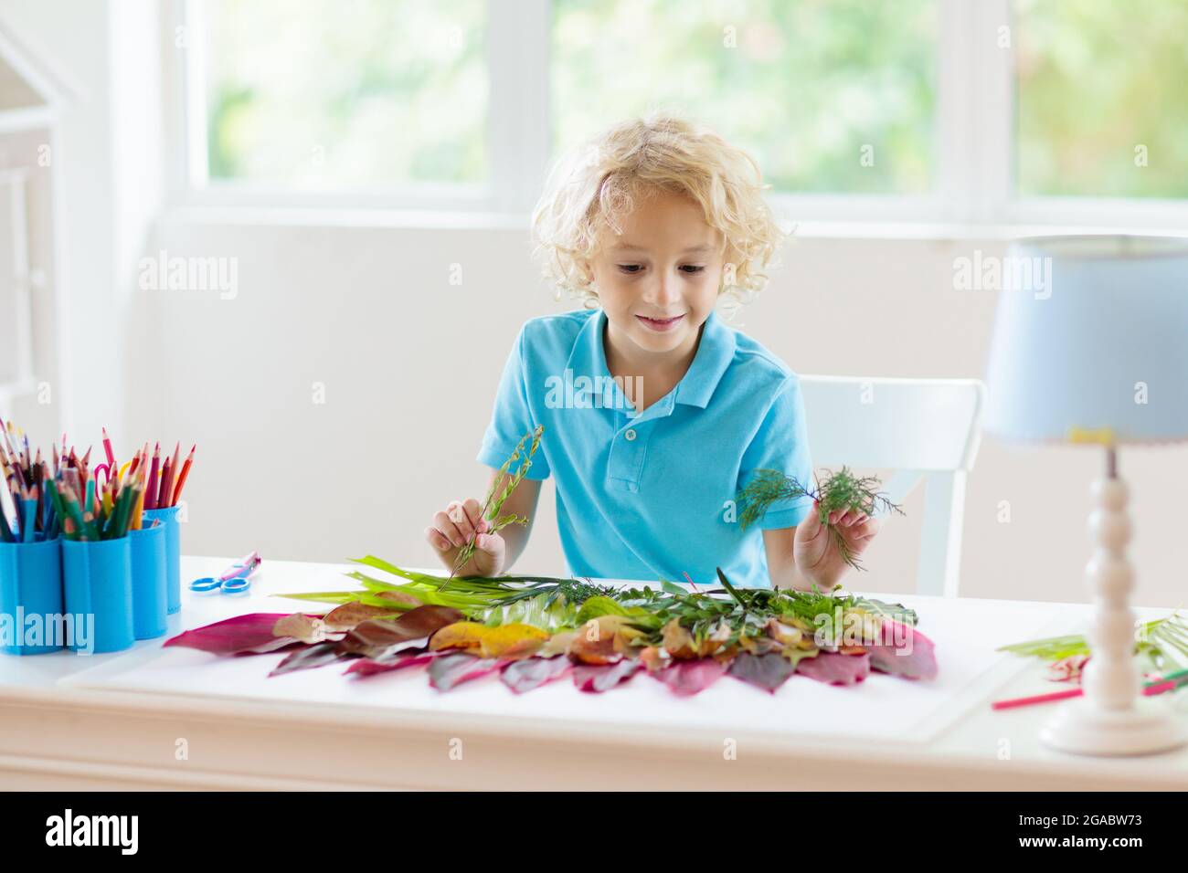 Child creating picture with colorful leaves. Art and crafts for kids. Little boy making collage image with rainbow plant leaf. Biology homework Stock Photo