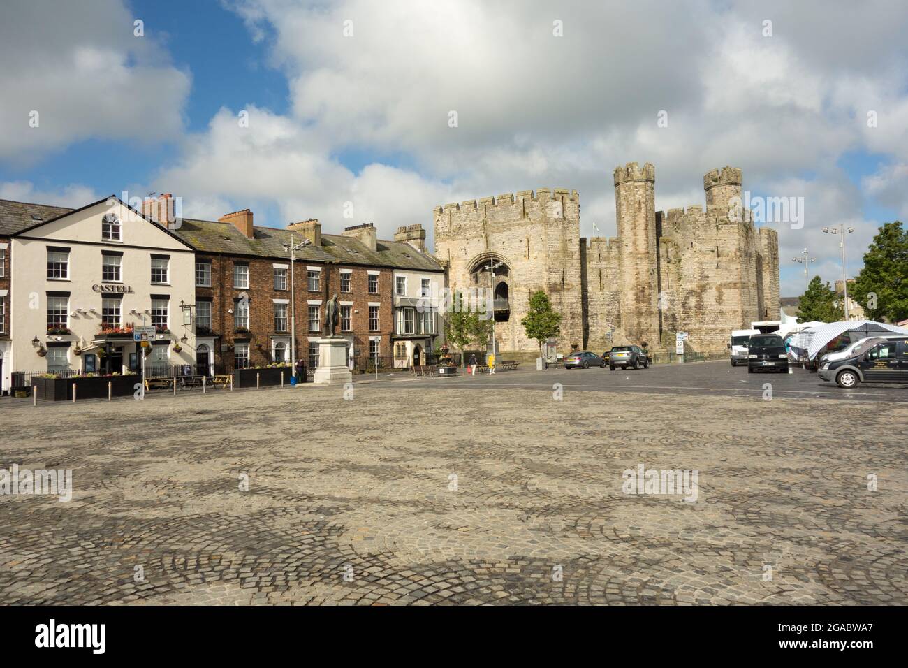 Castle Square Caernarfon Wales with the castle in the background. Stock Photo