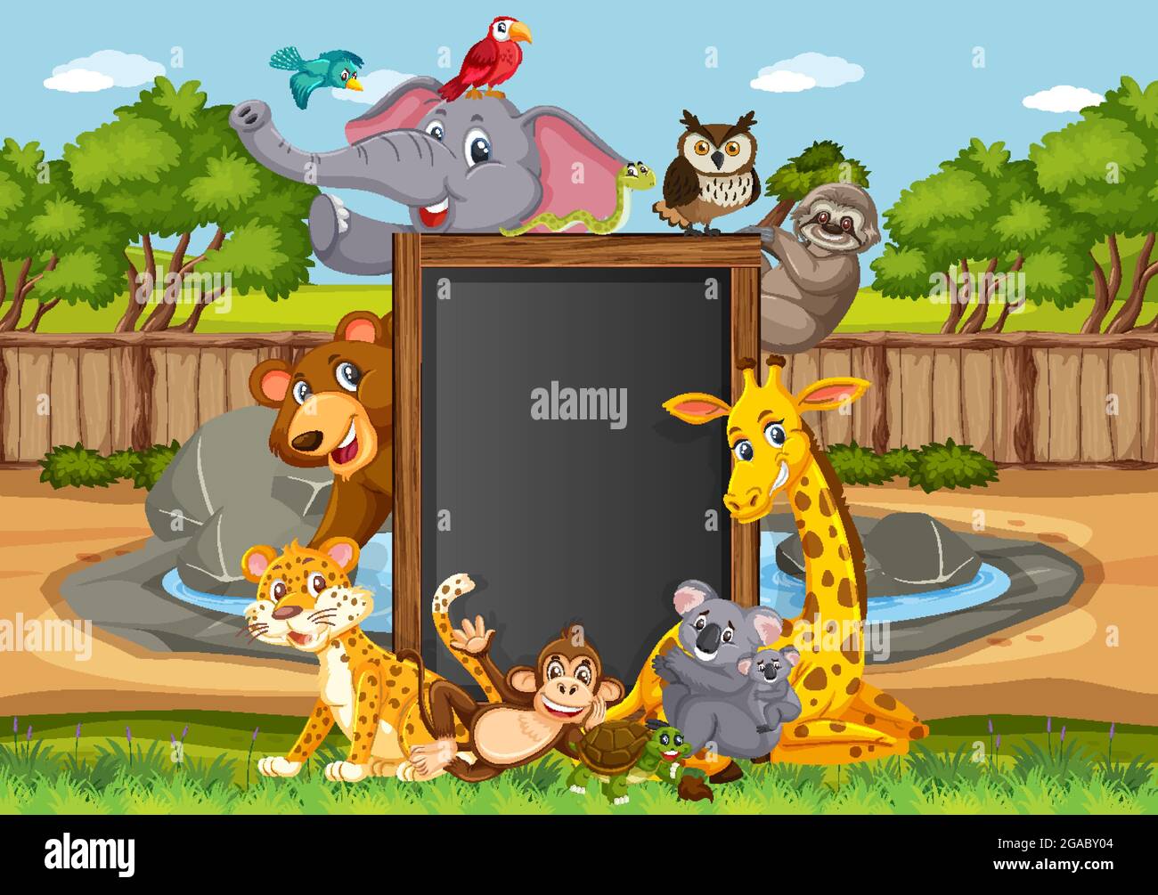 Empty blackboard with various wild animals in the forest illustration ...