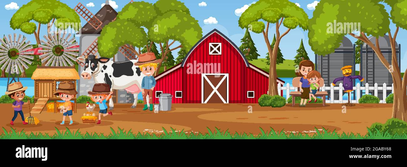 Farm horizontal landscape scene with farmer kids cartoon character ...
