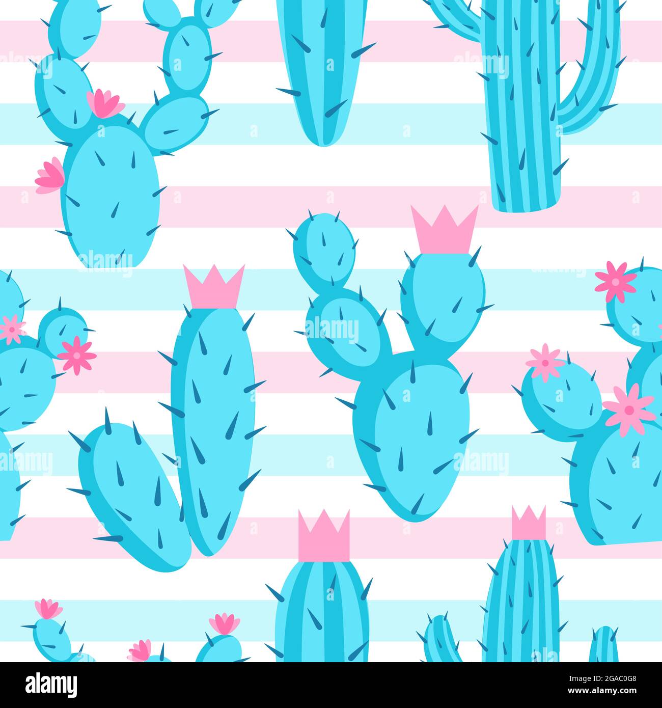 Pattern of azure cactuses on a striped background, vector illustration. Stock Vector