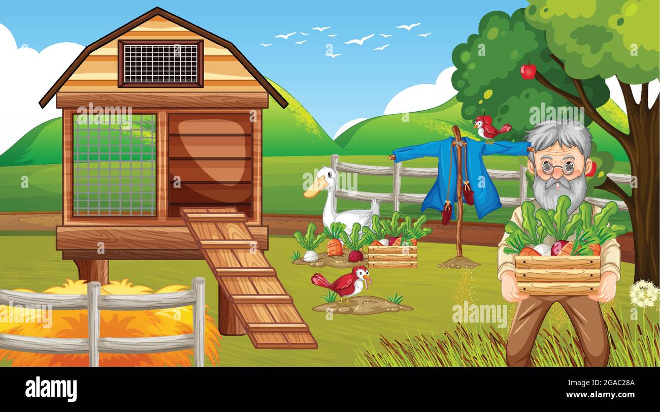 Farm scene with old farmer man and farm animals illustration Stock Vector