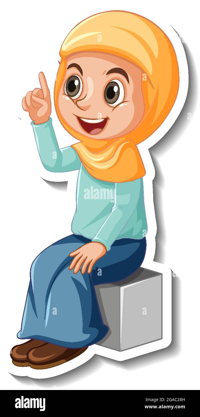 A sticker template with Muslim girl cartoon character illustration ...