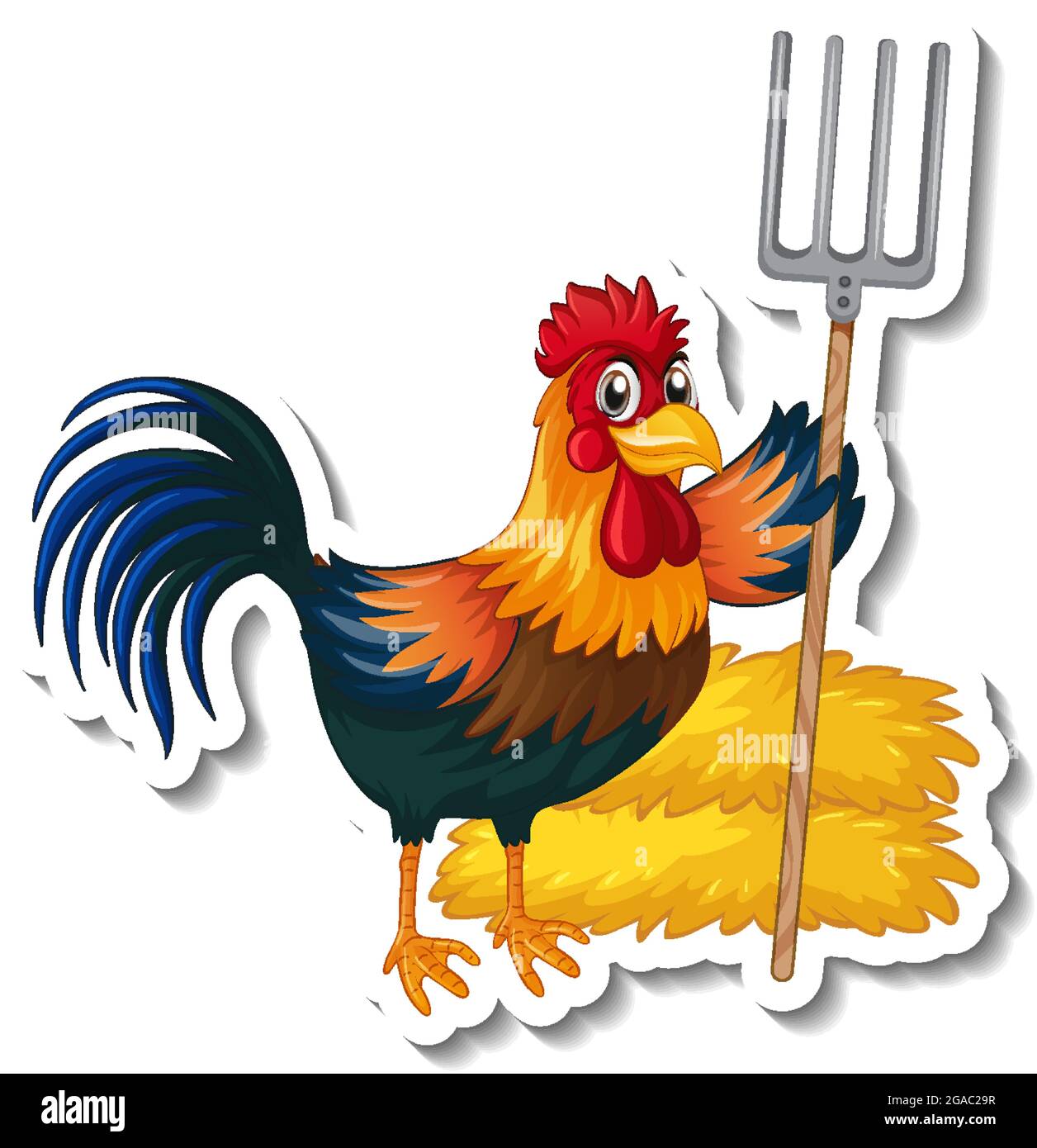 Sticker template with a chicken holding rake cartoon character isolated ...