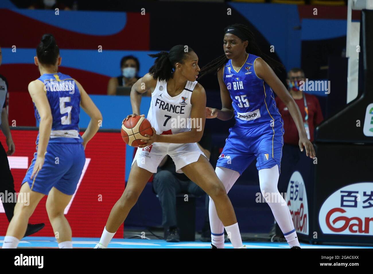 Sandrine GRUDA of France and Miljana DZOMBETA , Jonquel JONES of Bosnia Herzegovina during the FIBA Women's EuroBasket 2021, quarter-finals basketball match between France and Bosnia Herzegovina on June 23, 2021 at Rhenus Sport in Strasbourg, France - Photo Laurent Lairys / DPPI Stock Photo