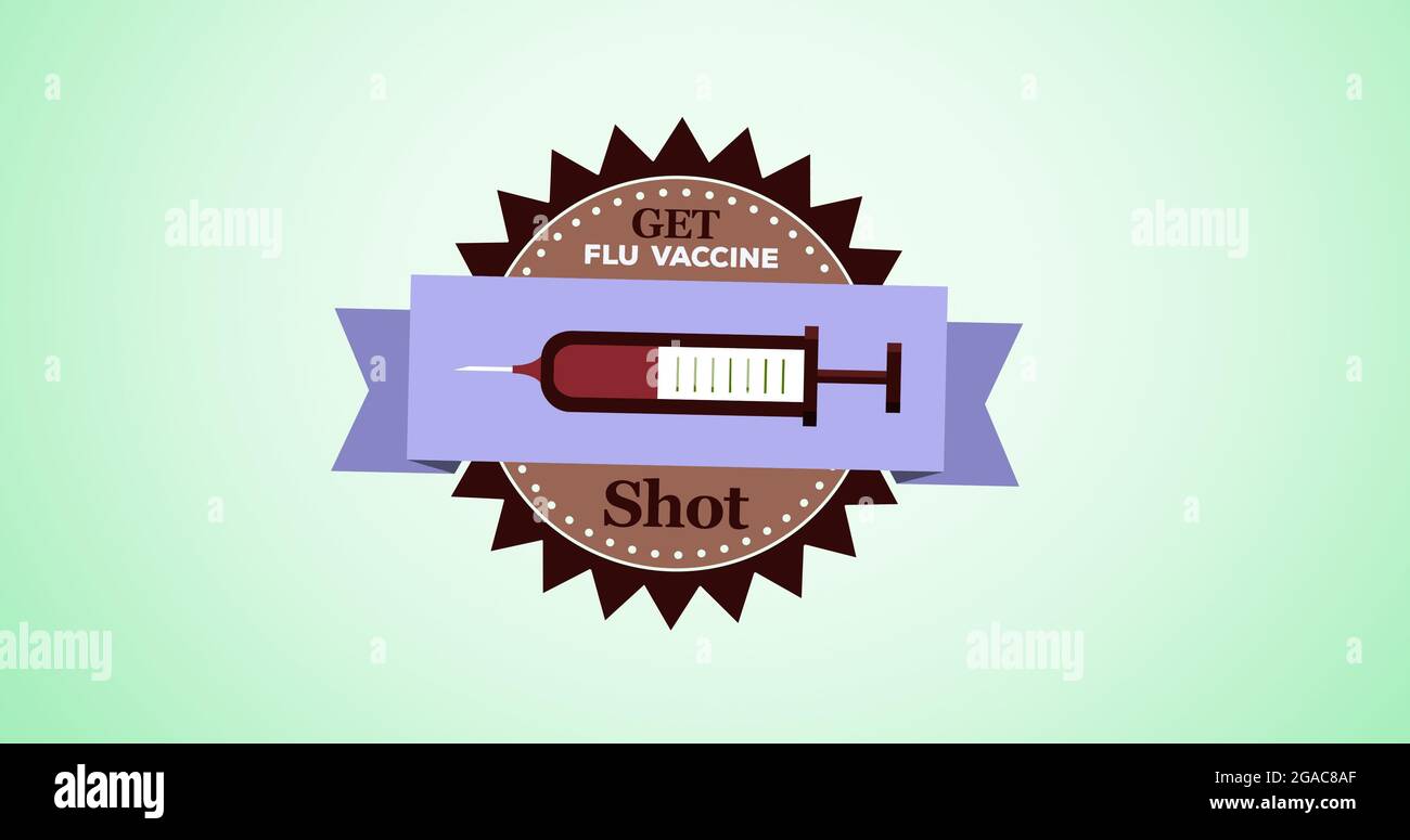 Composition of get flu vaccine shot text and syringe icon on green background Stock Photo