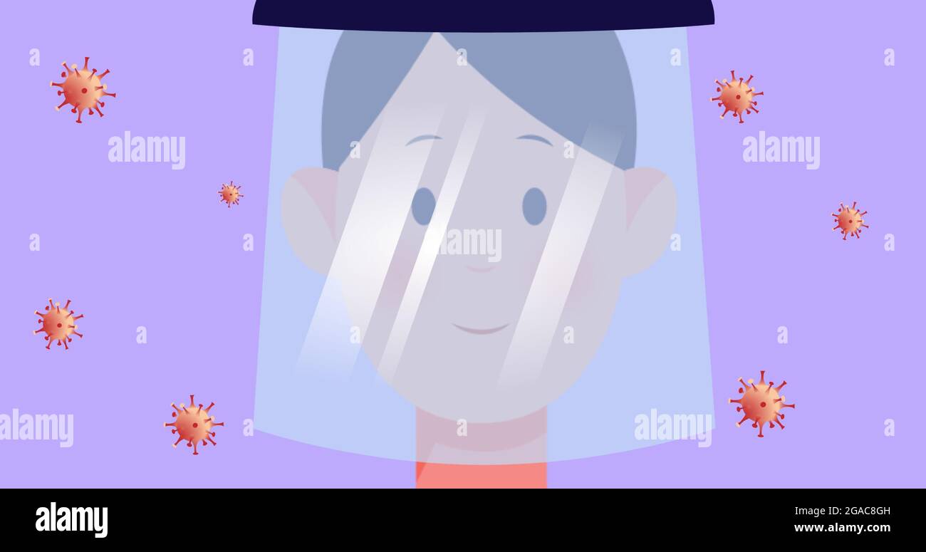 Composition of man wearing visor over covid 19 virus cells on purple