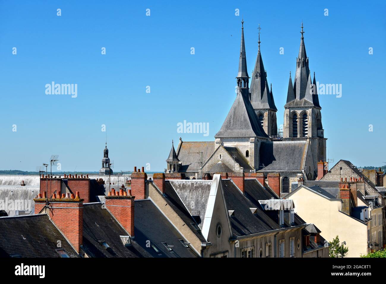 Church Saint Nicolas seen from the roofs at Blois, a commune and the capital city of Loir-et-Cher department in Centre-Val de Loire in France Stock Photo