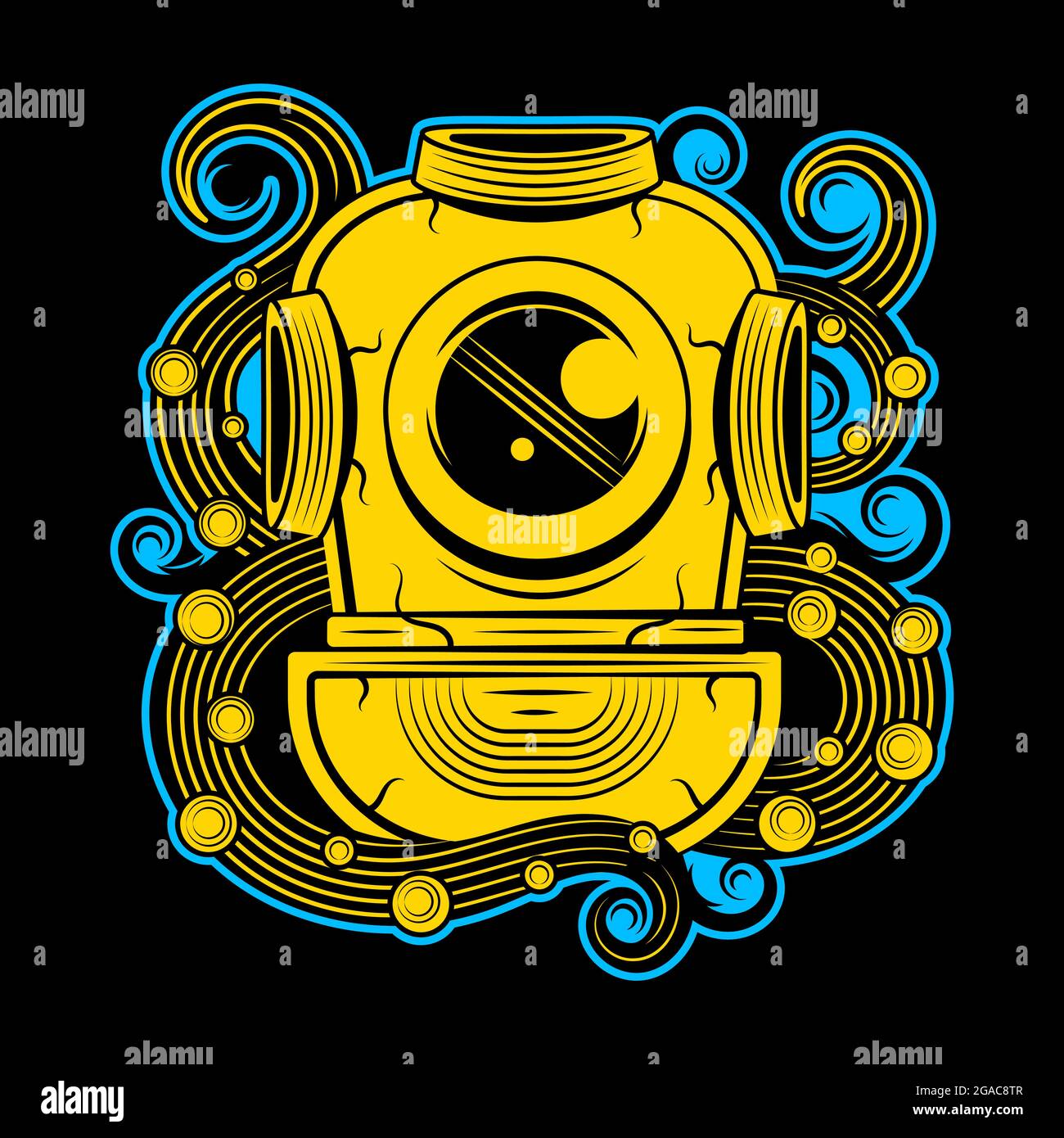 Vintage diving suit with octopus. Retro scuba helmet and tentacles