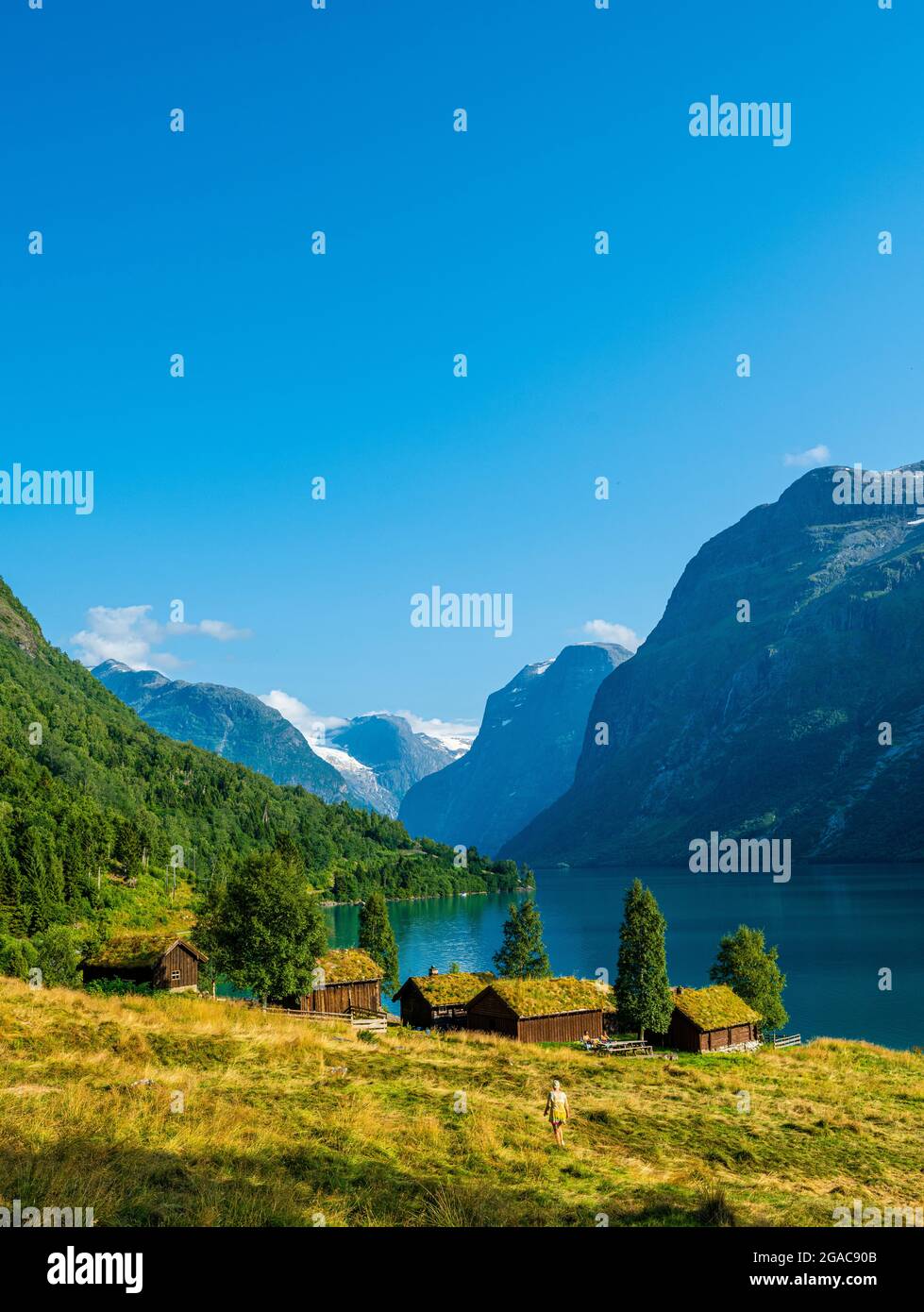 The small farm Breng at the lake Loenvatnet in Western Norway Stock Photo