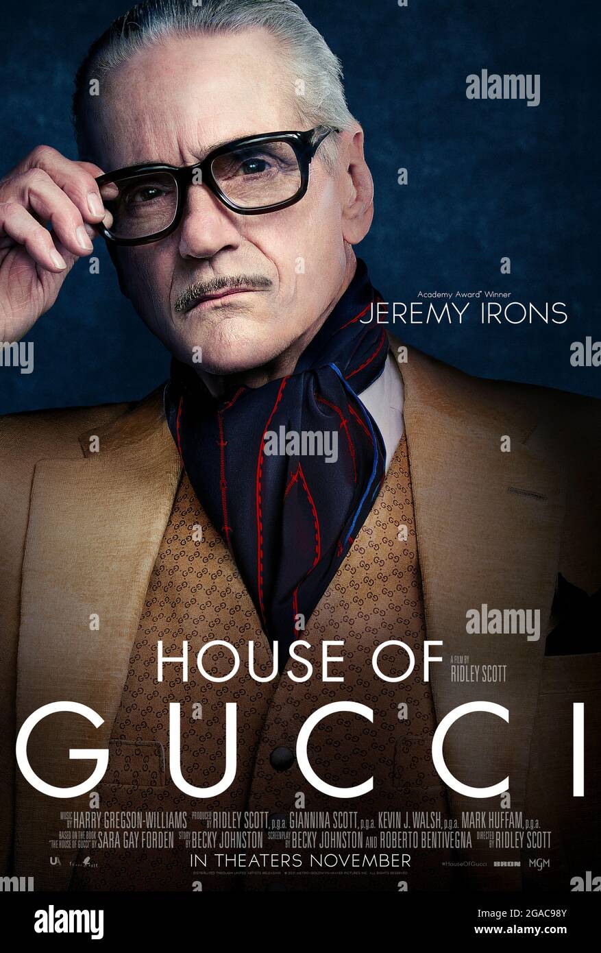 House of Gucci (2021) directed by Ridley Scott and starring Jeremy Irons as Rodolfo Gucci in a crime drama inspired by the family empire behind the famous Italian fashion house. Stock Photo
