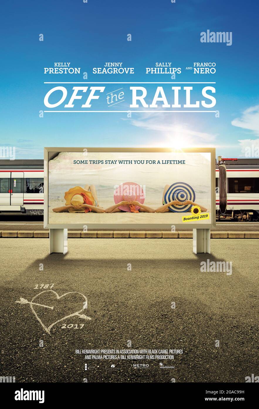 Off the Rails (2021) directed by Jules Williamson and starring Kelly Preston, Sally Phillips, Judi Dench and Elizabeth Dormer-Phillips. Comedy about 4 friends in their 50s decide who decide to inter-rail across Europe but one of their number is replaced by an 18 year old filling in for her dead mother to fulfil her dying wish. Stock Photo