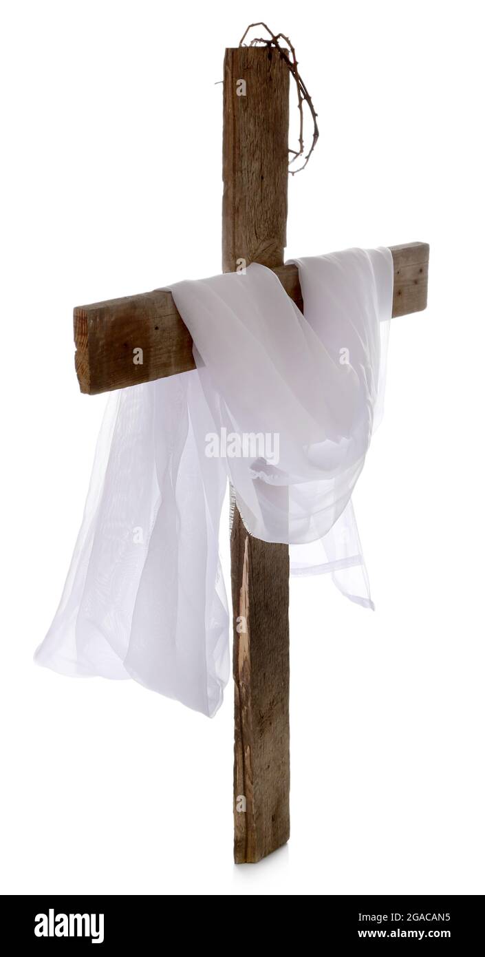 Cross with crown of thorns and cloth, isolated on white Stock Photo - Alamy