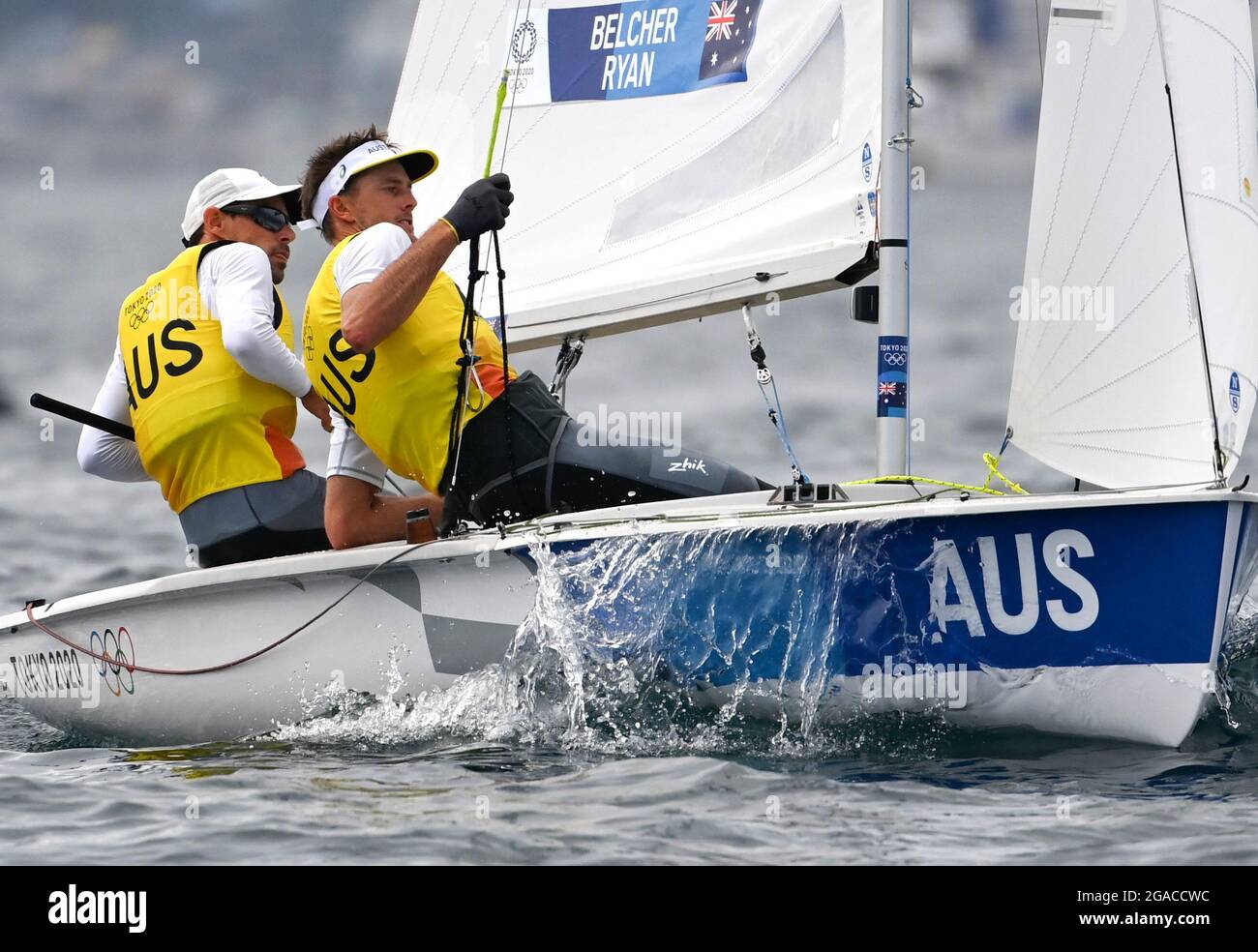 Kanagawa, Japan. 30th July, 2021. Mathew Belcher/Will Ryan (R) of Australia compete during the Men's Two Person Dinghy 470 at the Tokyo 2020 Olympic Games in Kanagawa, Japan, July 30, 2021. Credit: Huang Zongzhi/Xinhua/Alamy Live News Stock Photo