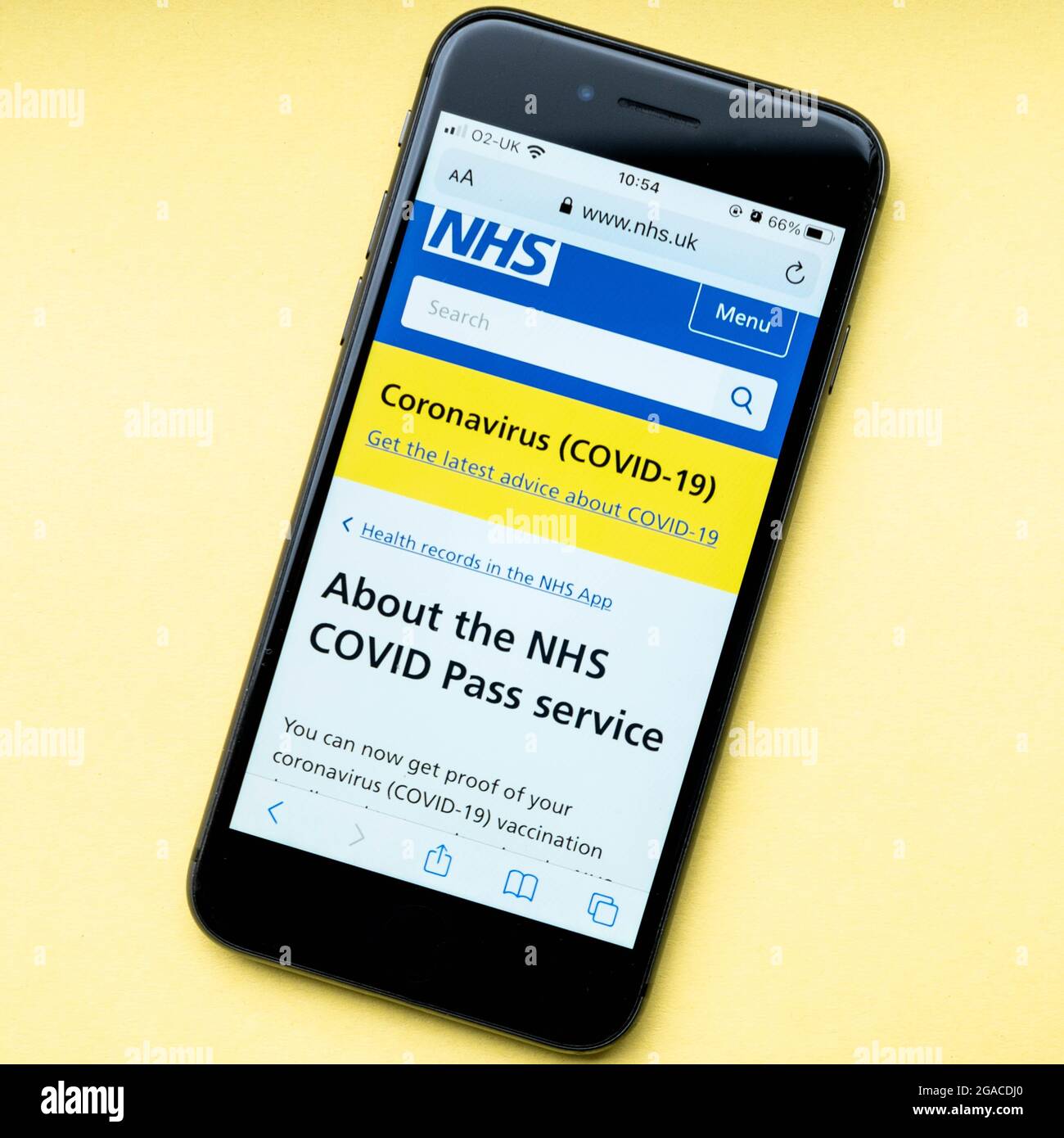 London UK, July 30 2020, Mobile Phone Or Smartphone Screen Shot About the NHS Covid Pass Service With No People Stock Photo