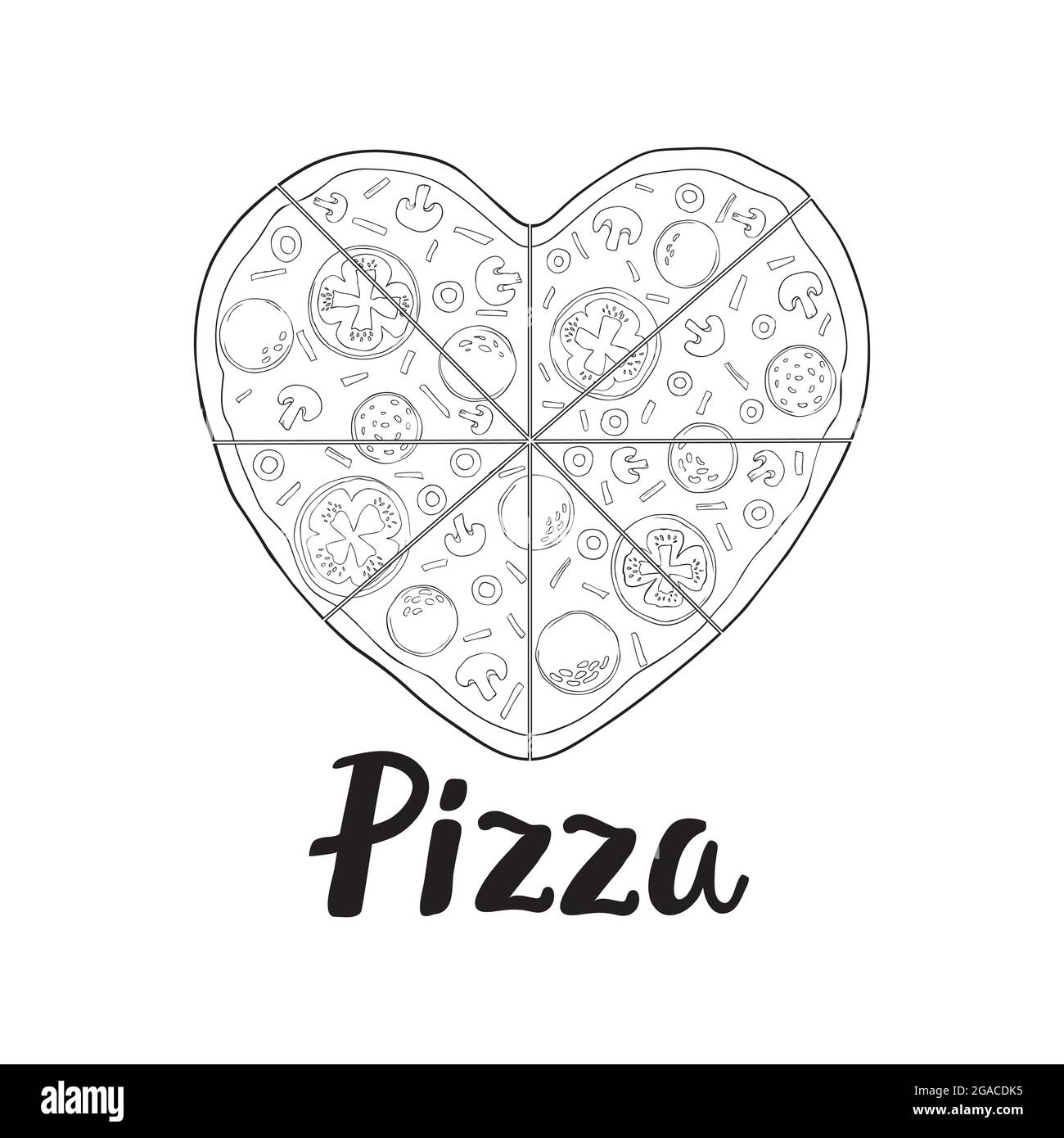 Pizza in the shape of a heart for Valentine's Day. Handdrawn illustration of pizza. Vector