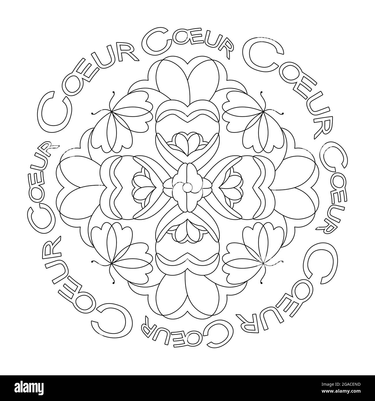 Mandala with hearts and butterflies. Heart text in french. Anti-stress coloring page. Art Therapy. Vector illustration black and white. Stock Vector