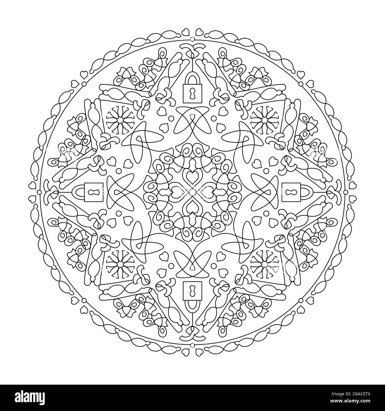 Hearts mandala with padlocks. Anti-stress coloring page. Art Therapy. Vector illustration black and white. Stock Vector