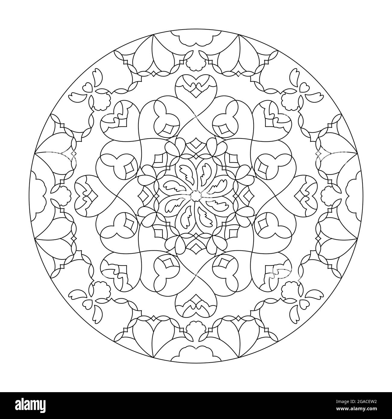 Mandala. Hearts. Anti-stress coloring page. Art Therapy. Vector illustration black and white. Stock Vector