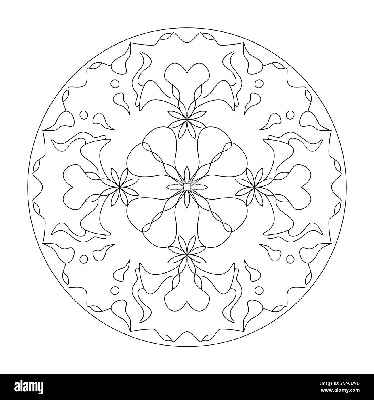 Mandala. Hearts and little flowers. Anti-stress coloring page. Art Therapy. Vector illustration black and white. Stock Vector
