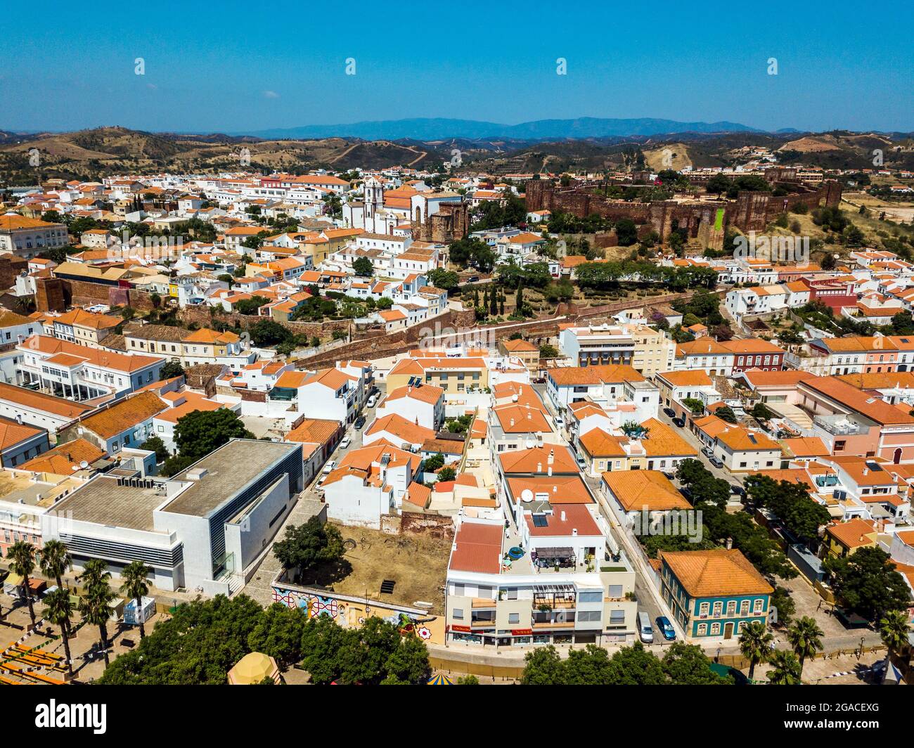 Aerial view of Silves with Moorish castle and historic cathedral, Algarve, Portugal Stock Photo