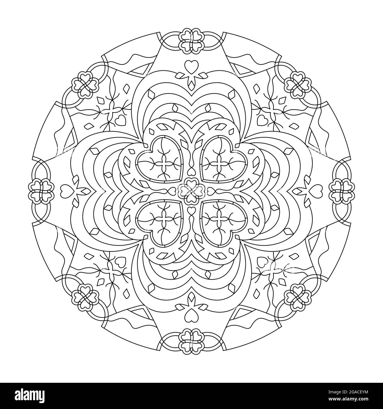 Mandala. Heart and four-leaf clover. Anti-stress coloring page. Art Therapy. Vector illustration black and white. Stock Vector