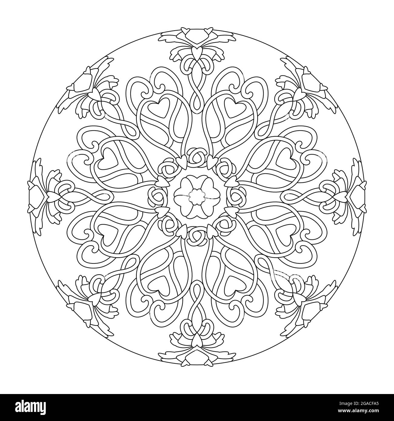 Mandala. Hearts interlaced. Anti-stress coloring page. Art Therapy. Vector illustration black and white. Stock Vector