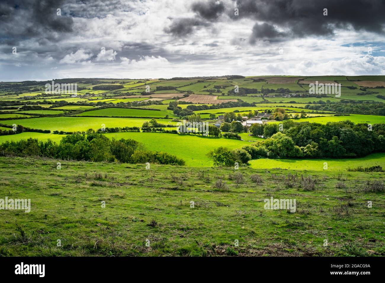 Clay valley near Kimmeridge on a stormy day with farm in the valley with sun breaking through the clouds. Stock Photo