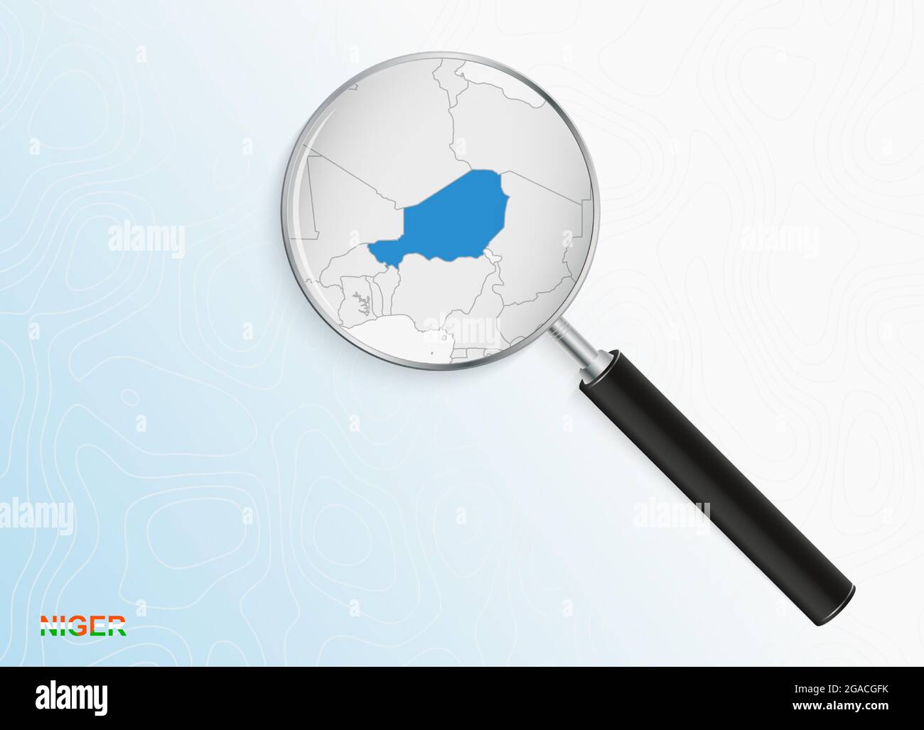 Magnifier with map of Niger on abstract topographic background. Vector map. Stock Vector