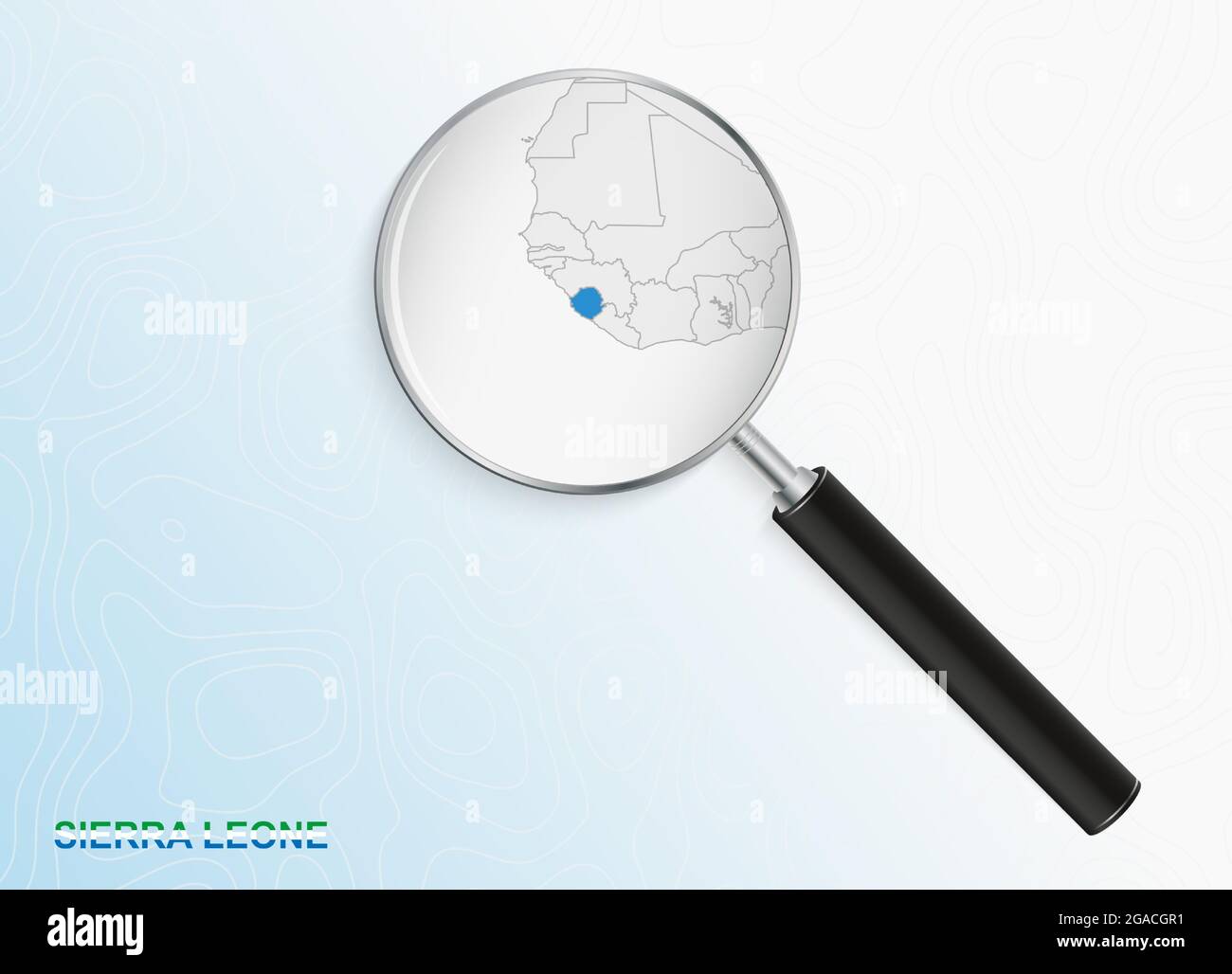 Magnifier with map of Sierra Leone on abstract topographic background ...