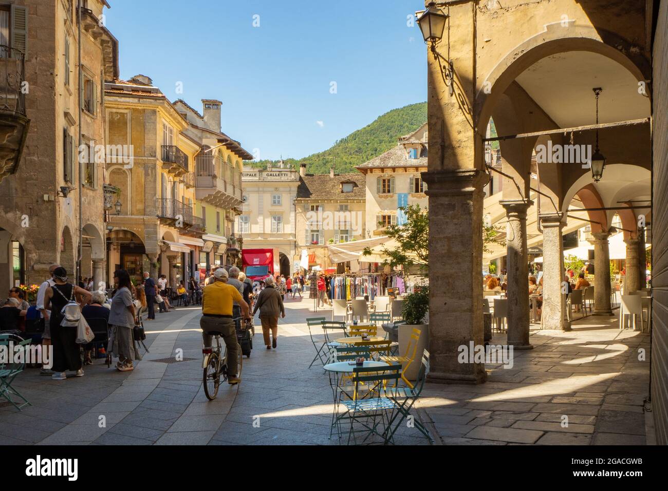 Domodossola, Italy June 30th 2021 Lively main square in the historic