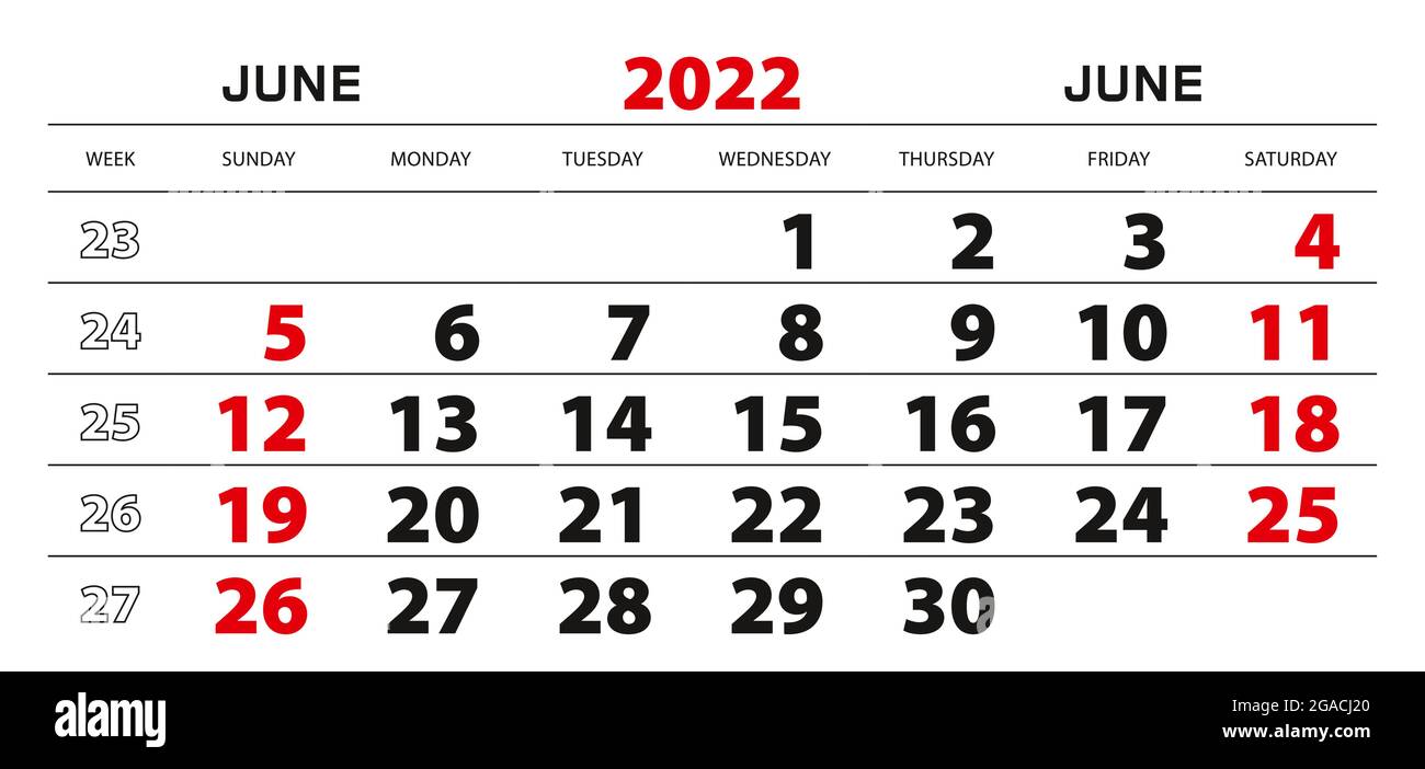 Wall Calendar 2022 For June, Week Start From Sunday. Block Size 297X140 Mm Stock Vector Image & Art - Alamy