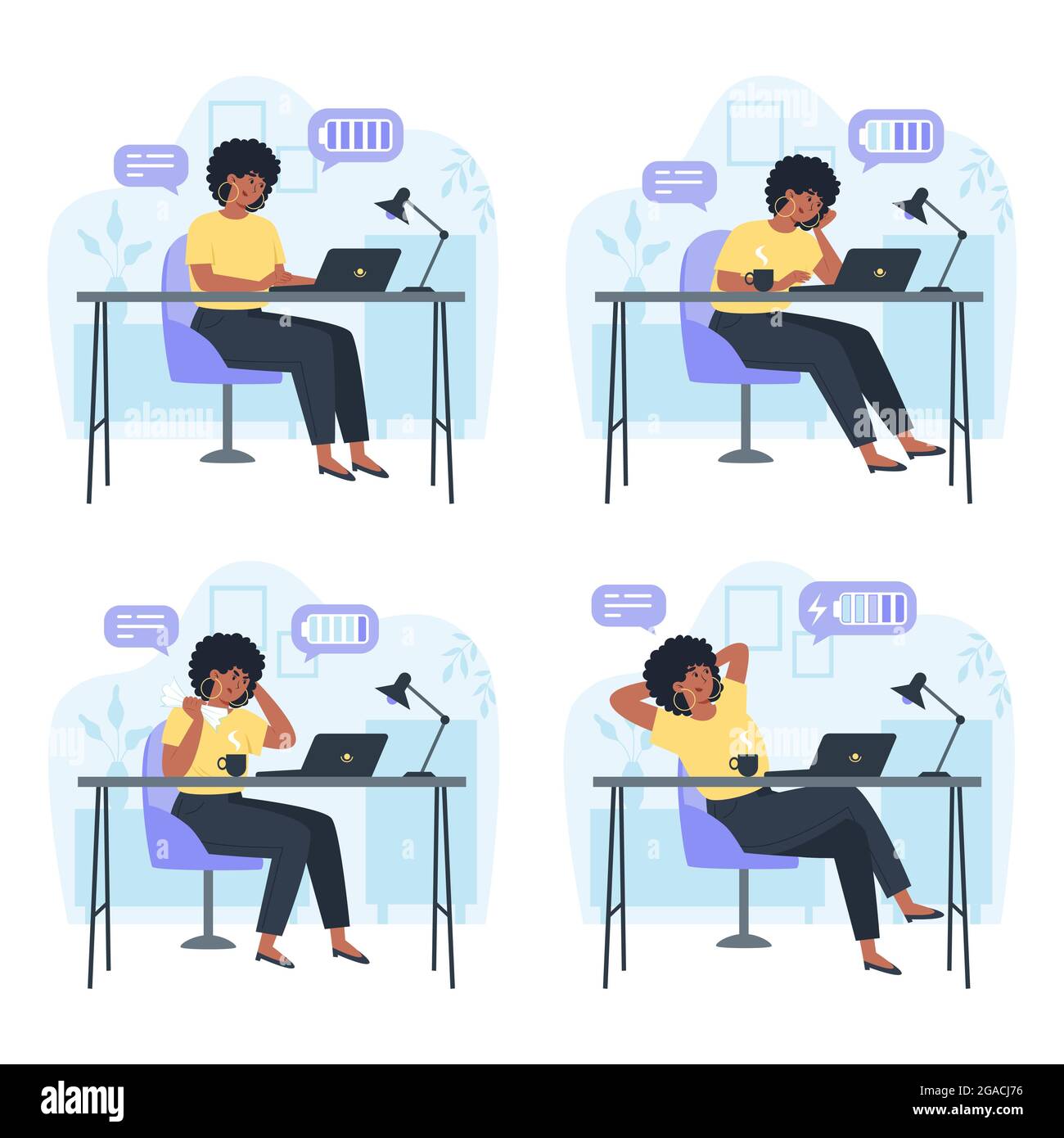 Productive worker and tired worker, productivity during the working day, stress or burnout Stock Vector