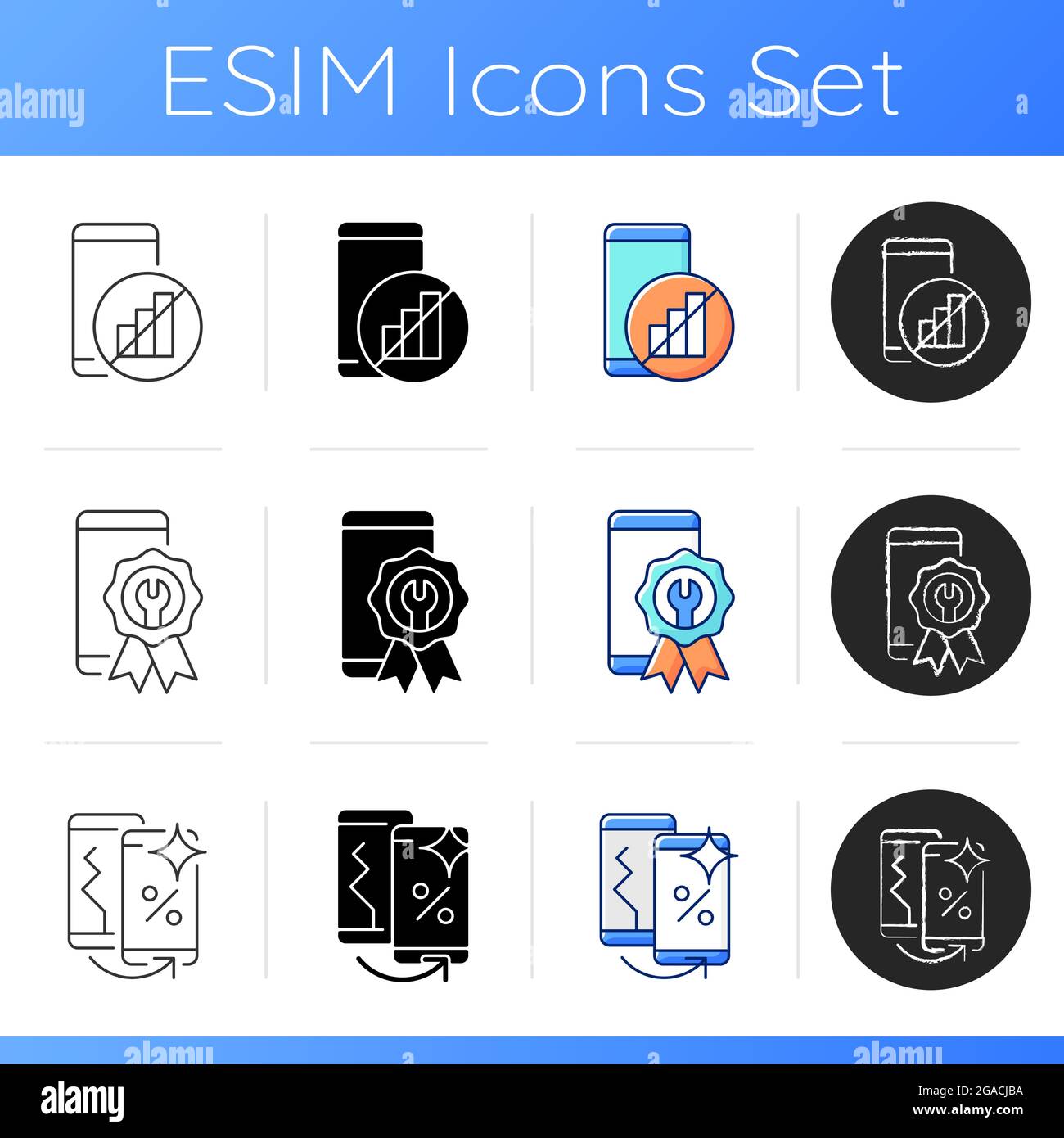 Smartphone breakdowns icons set Stock Vector