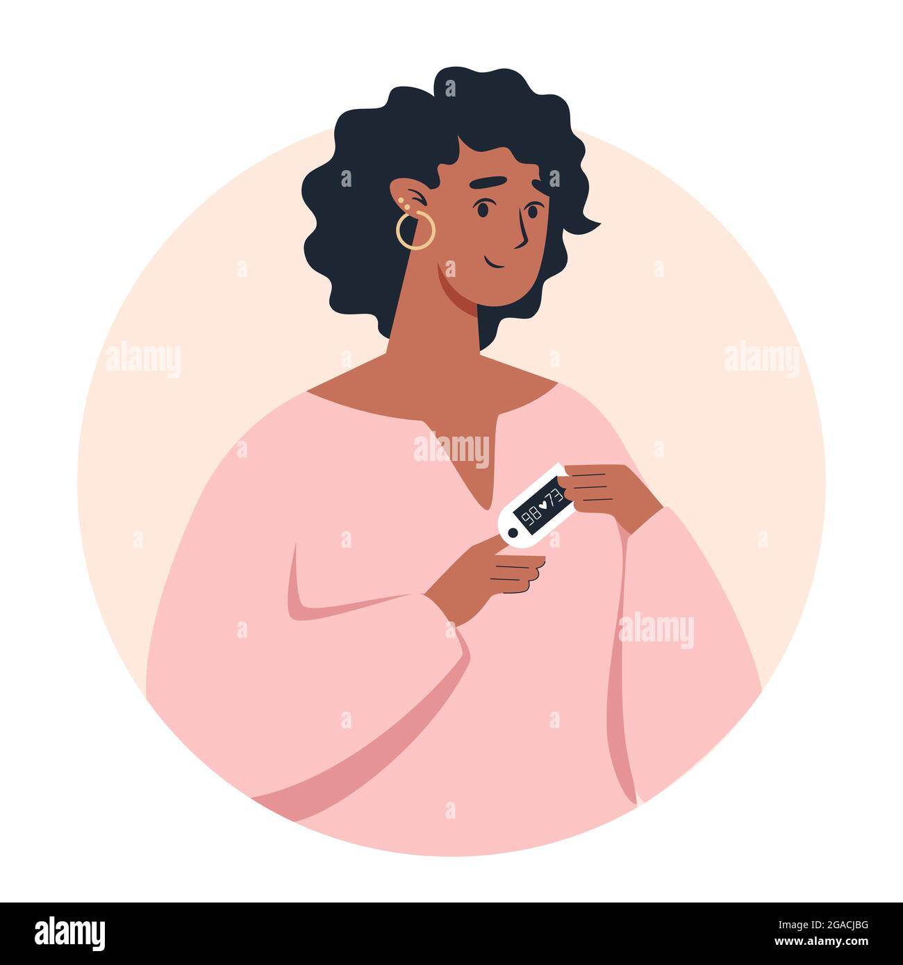 Woman using pulse oximeter device on finger Stock Vector