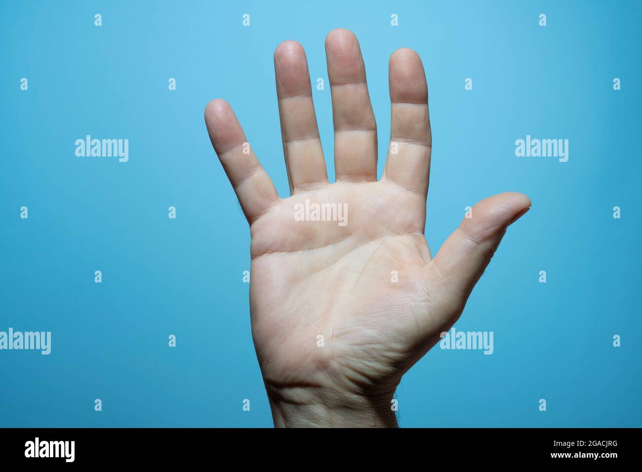 The palm of a man's hand with the blue background Stock Photo