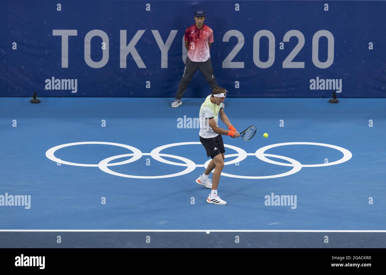 Tokyo Tokio, 30.07.2021, Japan, Olympic Games ZVEREV Alexander (GER) DJOKOVIC Novak (SRB) vs ZVEREV Alexander (GER) Tennis Halbfinale Men's Singles Semifinal Olympische Spiele, 2020 2021 Foto: Moritz Müller Only for Editorial use  Copyright (nur für journalistische Zwecke) by :  Moritz Müller, Wilhelm-Raabe-Str.18, 40470 Düsseldorf. Tel. 0211-13954918. Mb.: 0176-81034275; Honorar zzgl. 7%UmSt. + Belegexemplar; Commerzbank, Konto: 3813045, BLZ: 30040000; IBAN: DE49 3004 0000 0381 3045 00; Finanzamt Düsseldorf-Nord, Steuernummer: 105/5193/1677 Stock Photo