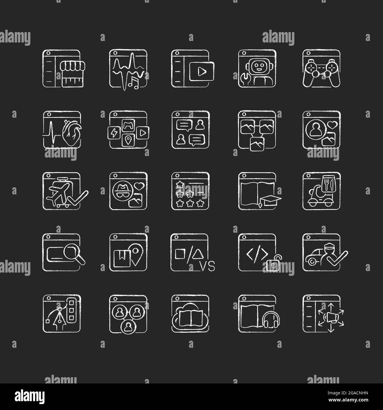 Online platforms chalk white icons set on dark background Stock Vector
