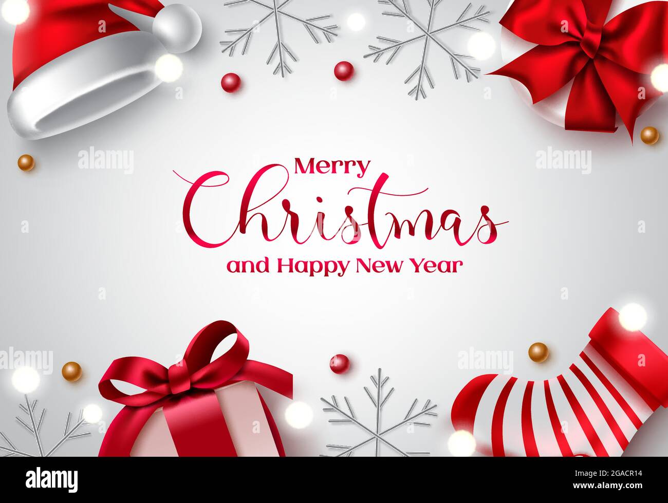 Merry christmas vector background design. Merry christmas and happy new  year text in white space with red gifts, santa hat and sack xmas elements  Stock Vector Image & Art - Alamy