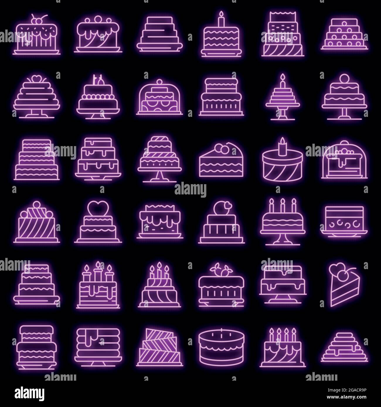 Cake icons set. Outline set of cake vector icons neon color on black ...