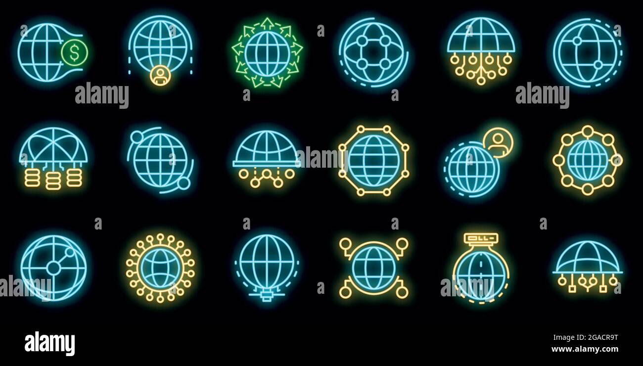Global network icons set. Outline set of global network vector icons ...
