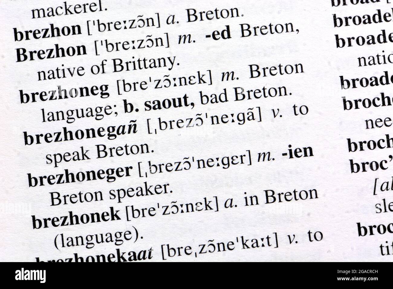 'Breton' translated in a Breton-English dictionary Stock Photo