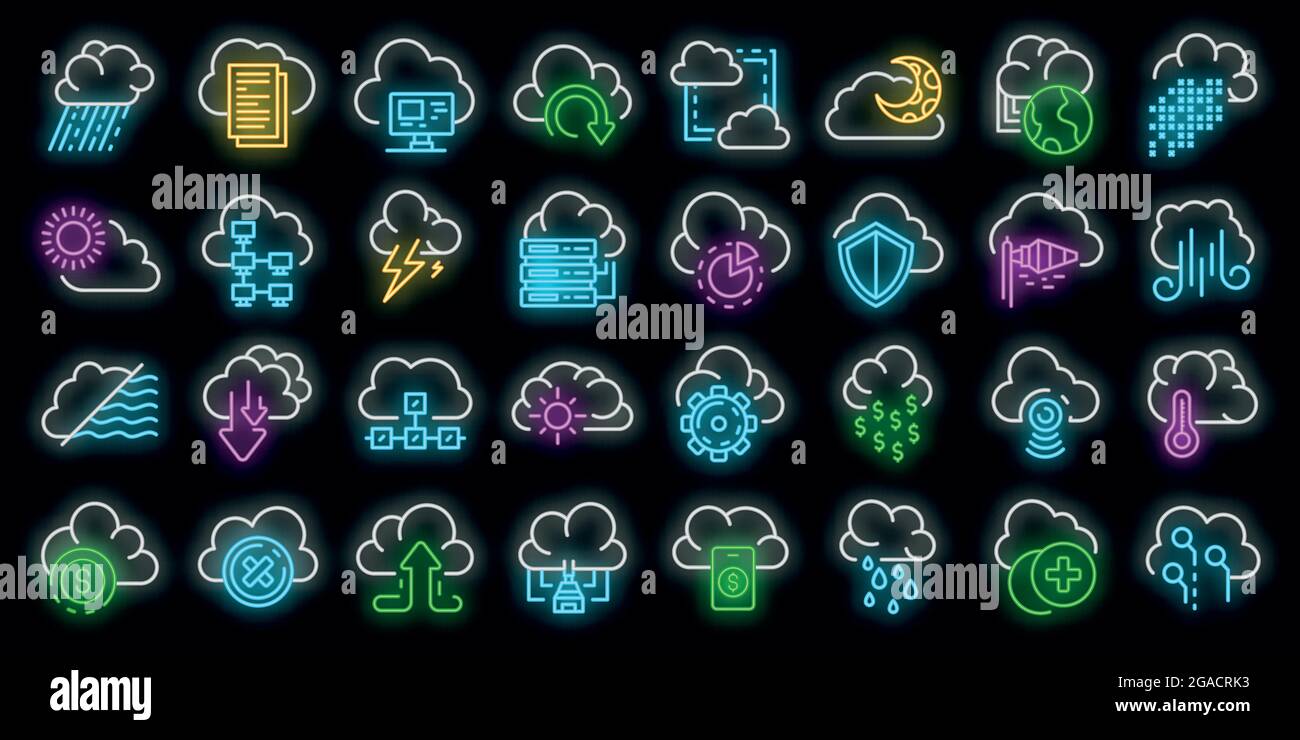 Cloud icons set. Outline set of cloud vector icons neon color on black ...