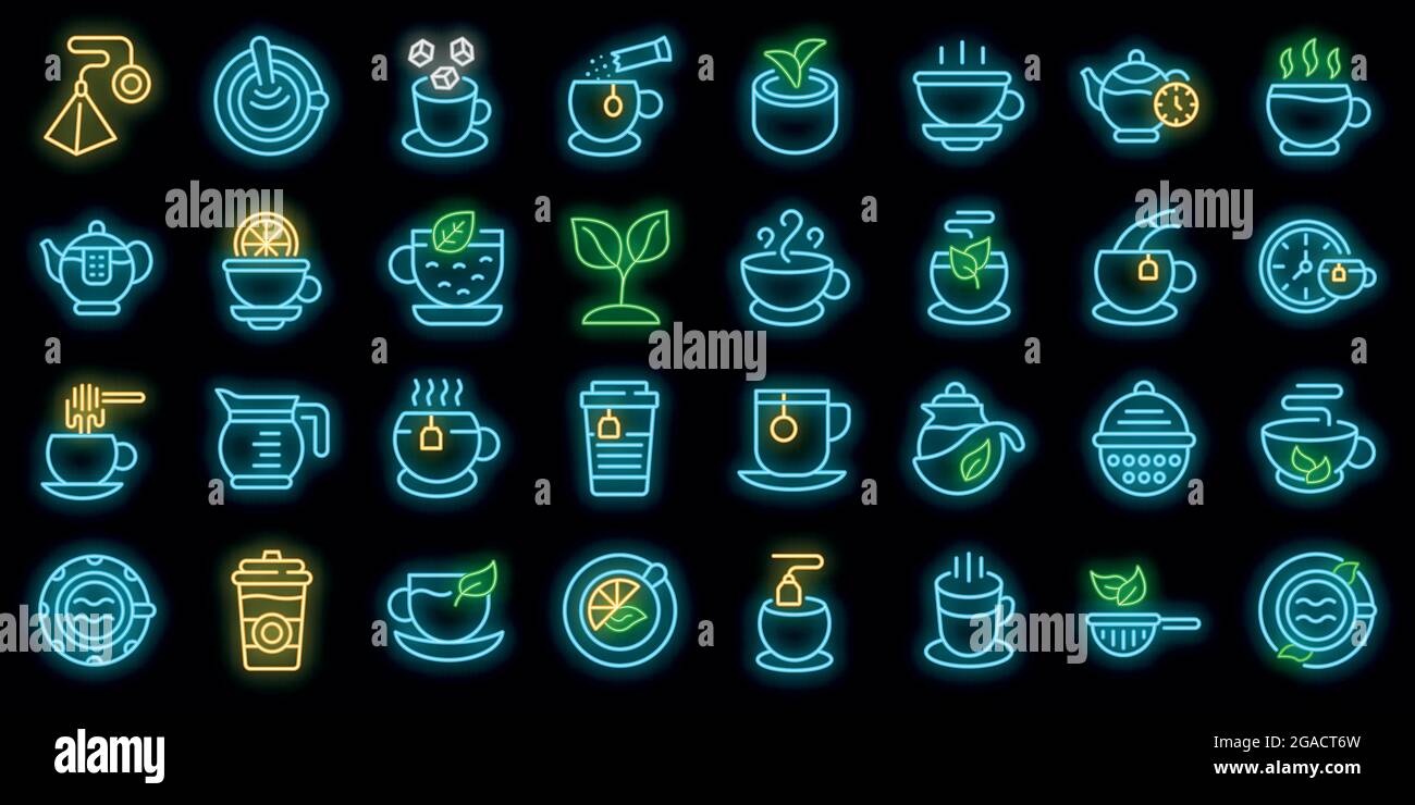 Tea icons set. Outline set of tea vector icons neon color on black ...