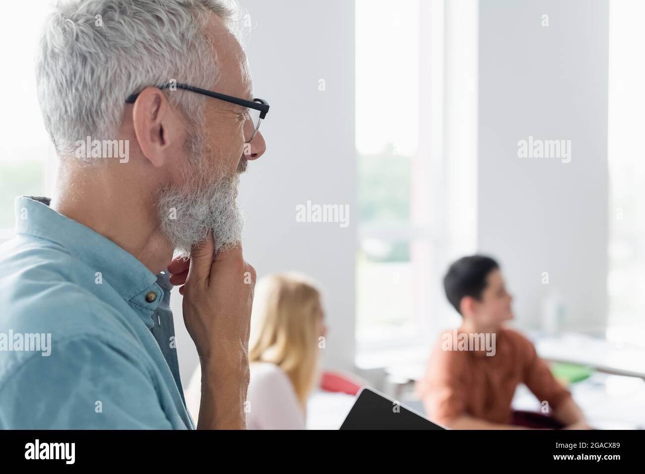 Mature teacher standing near blurred pupils in classroom Stock Photo ...