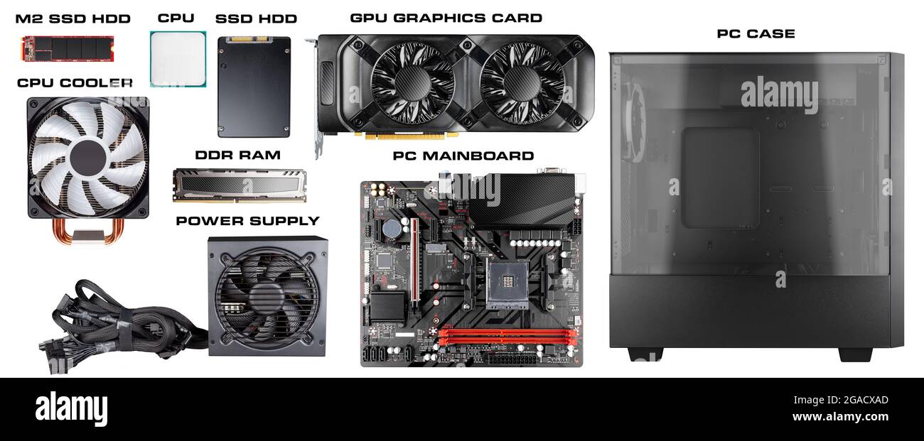 All parts and components for modern desktop computer. Mainboard power  supply RAM M2 SSD hard disk CPU fan cooler graphics card and midi tower pc  case Stock Photo - Alamy