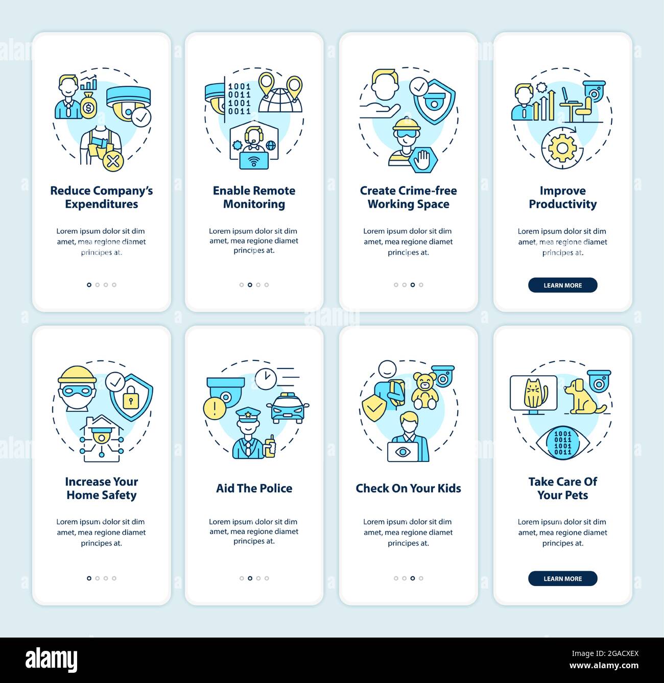 Surveillance systems onboarding mobile app page screen set Stock Vector