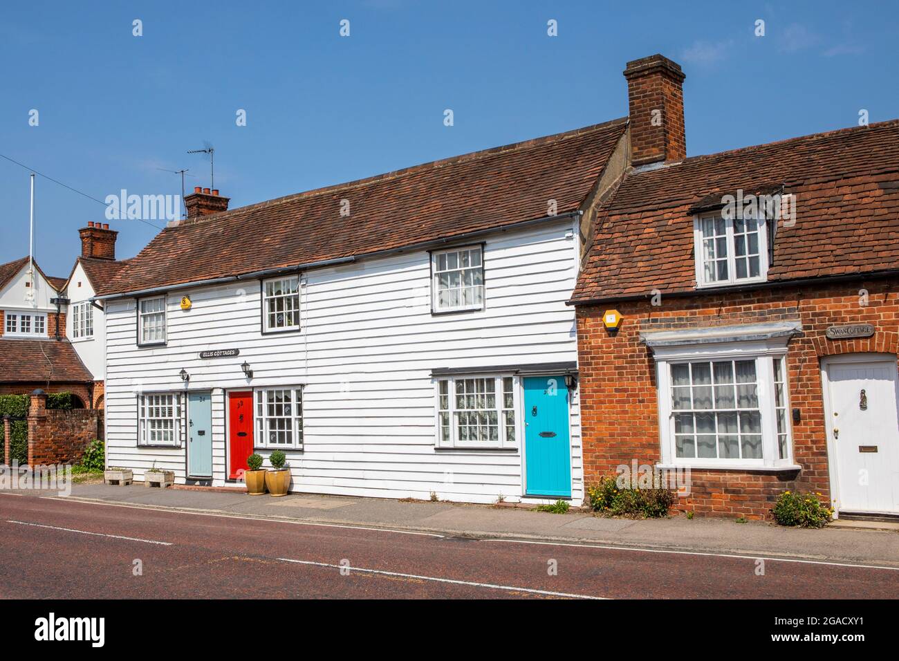 Essex, UK - July 20th 2021: A view of Ellis Cottages in the beautiful village of Stock in Essex, UK. Stock Photo