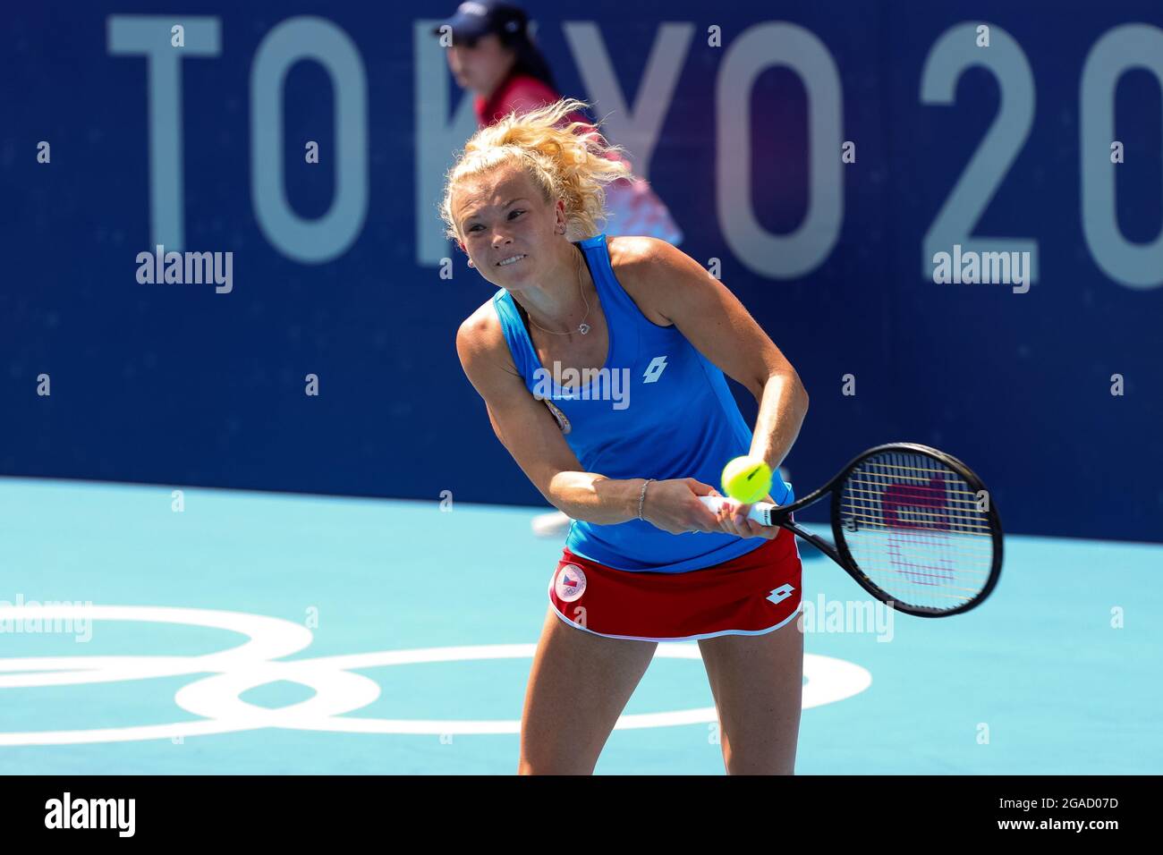 Tokyo, Japan, 28 July, 2021. Katerina Siniakova returns serve during the Women's Doubles Tennis Quarter Final match between Ash Barty and Storm Sanders of Australia and Barbora Krejcikova and Katerina Siniakova of Czech Republic on Day 5 of the Tokyo 2020 Olympic Games at Ariake Tennis Park on July 28, 2021 in Tokyo, Japan. (Photo by Pete Dovgan/Speed Media/Alamy Live News) Stock Photo